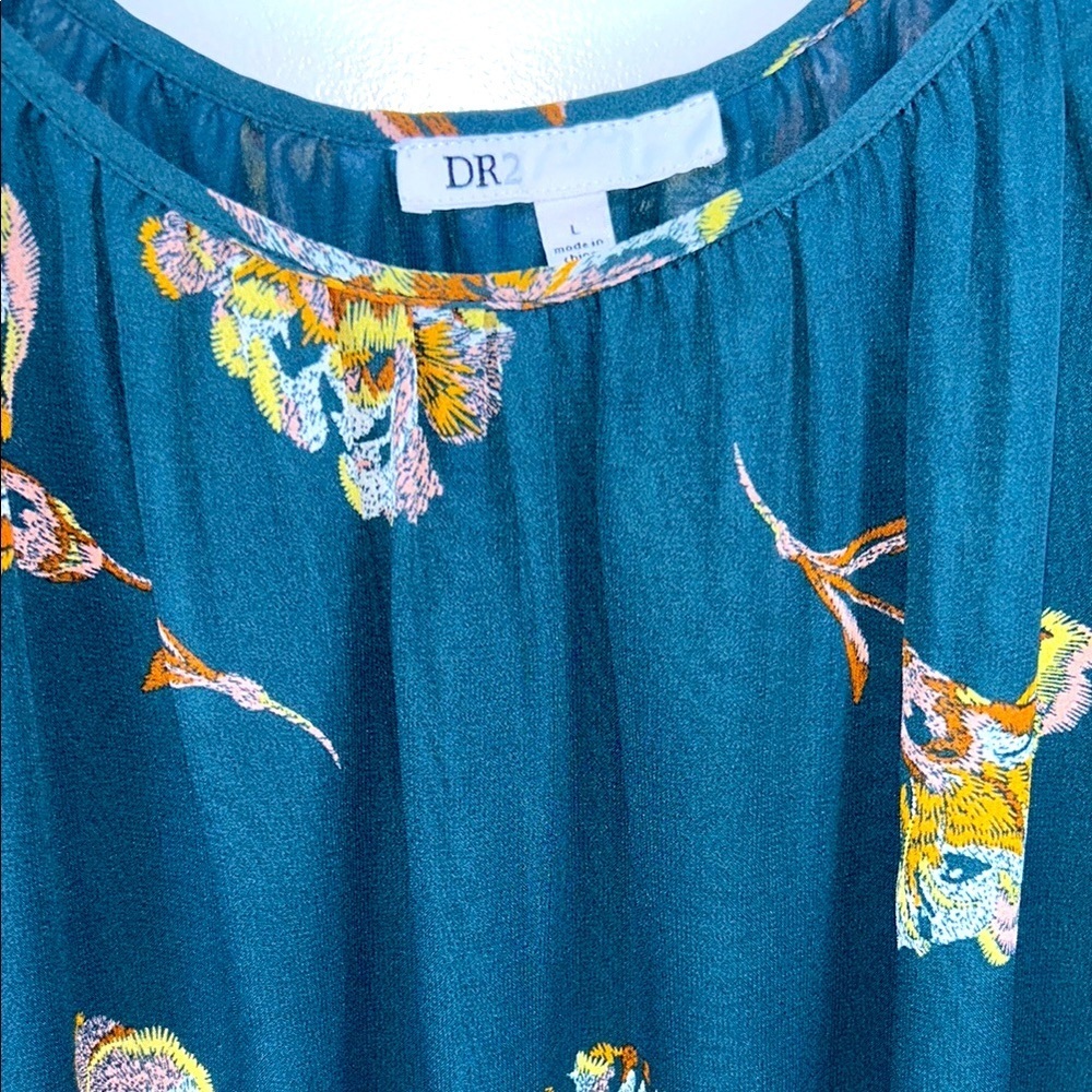 DR2 Dark Teal Blue Puff Sleeve Peplum Floral Blouse size Large - Picture 3 of 10